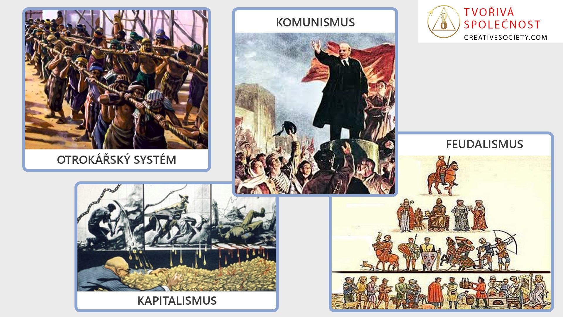 Otrokářský systém, feudalismus, kapitalismus, socialismus, komunismus.