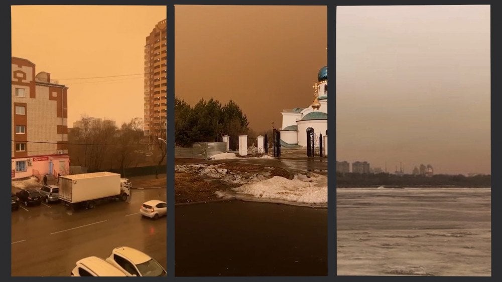Piesková búrka Blagoveščensk, piesková búrka Amurská oblasť, oranžová obloha Blagoveščensk