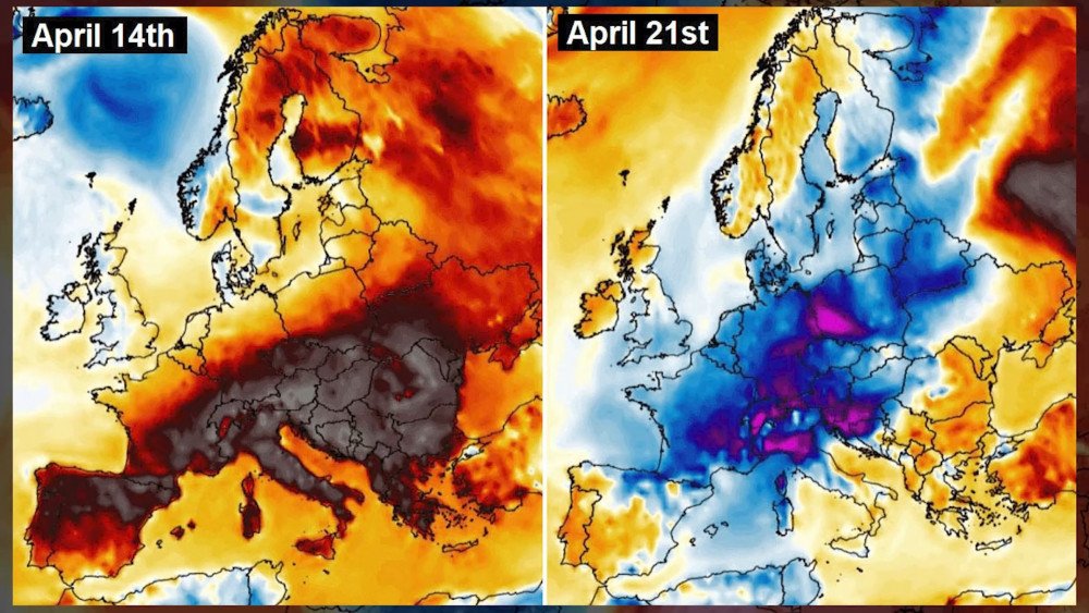 record-breaking temperature drop in Europe, sharp temperature fluctuations in Europe, frosts in Europe