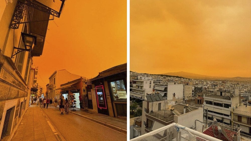 Tormenta de polvo de Sahara, tormenta de polvo en Grecia, tormenta de arena en Atenas