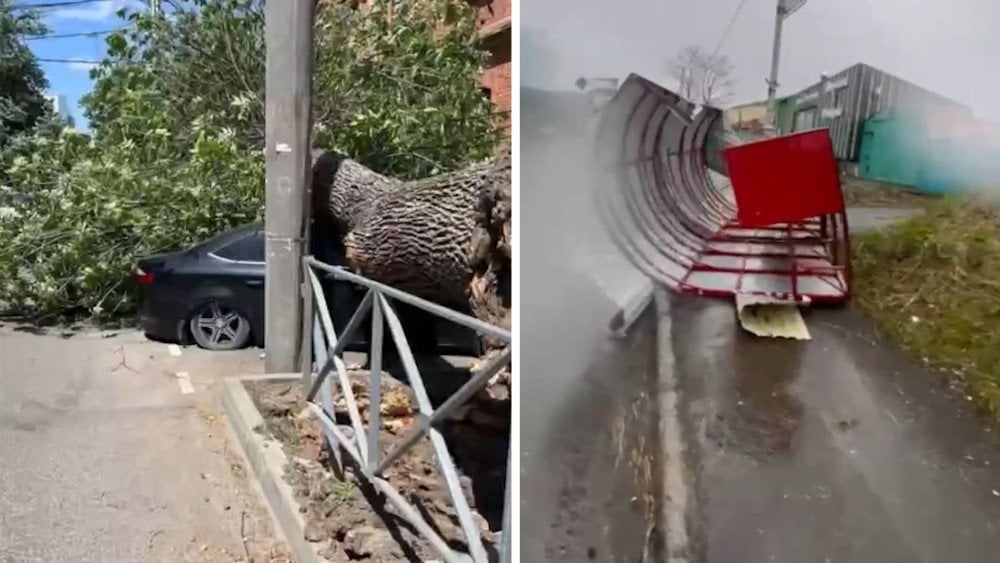 bouře v Rusku, hurikán v Krasnodaru, hurikánový vítr během školního shromáždění v Krasnodaru