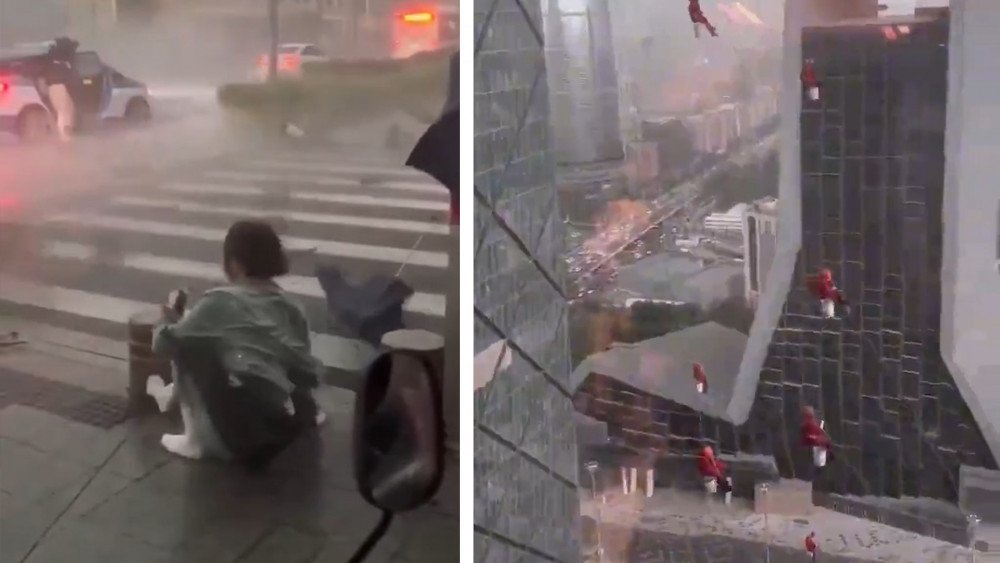 Hurricane in Beijing, storm wind in China, wind knocks people off their feet