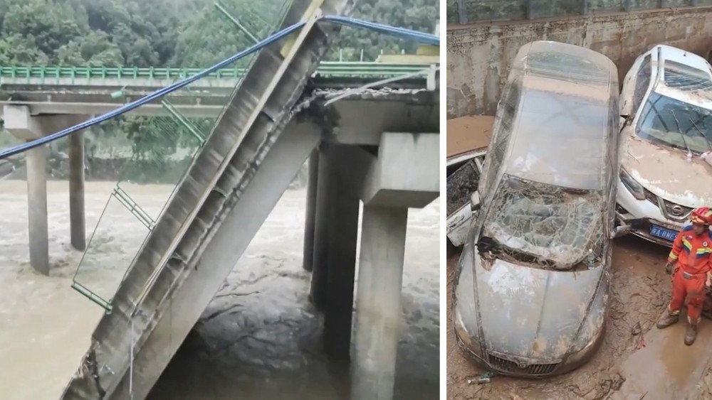 bridge collapsed in China, flooding in China, bridge collapsed after heavy rains in China