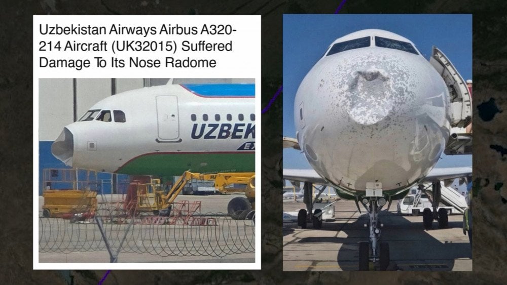 aviolaineris A320 UK32015, kas pieder aviokompānijai Uzbekistan Airways, cieta no stipras krusas radītiem bojājumiem