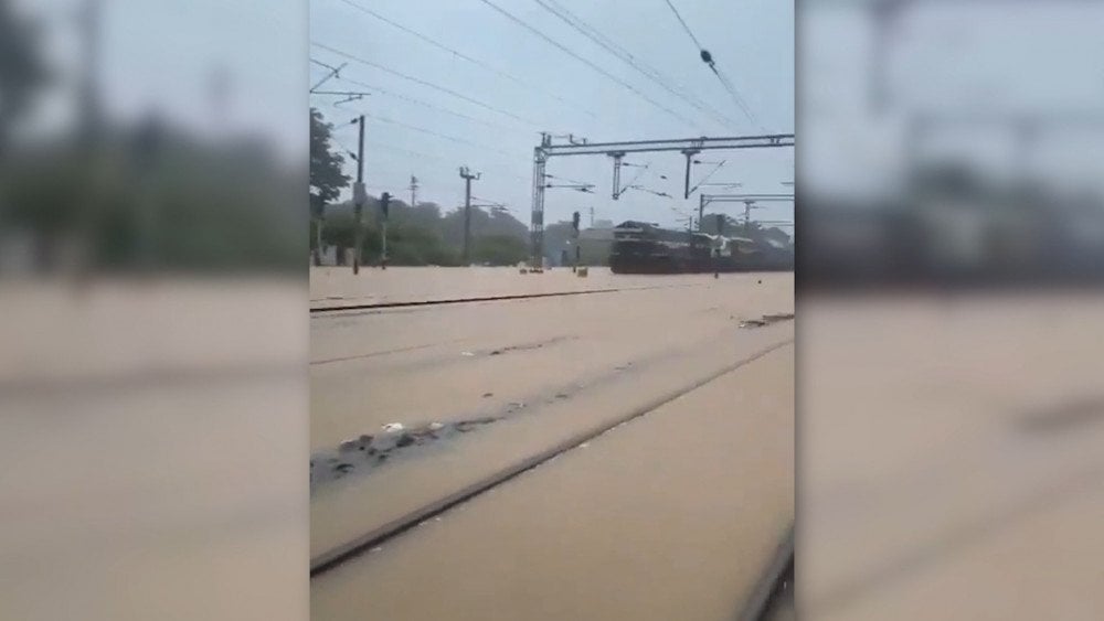 Cyclone Montha in India, downpour in India, torrential rain in India, flooding in India, flooded railway in India