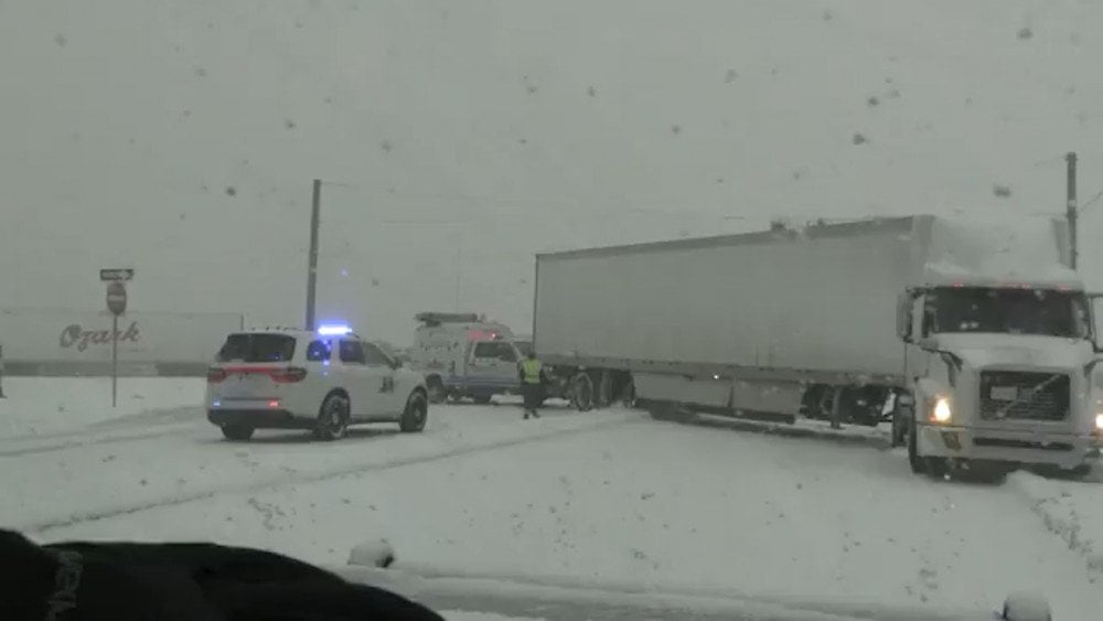 Snowstorm in the USA, snowfall in the USA, truck skidded on the road in the USA