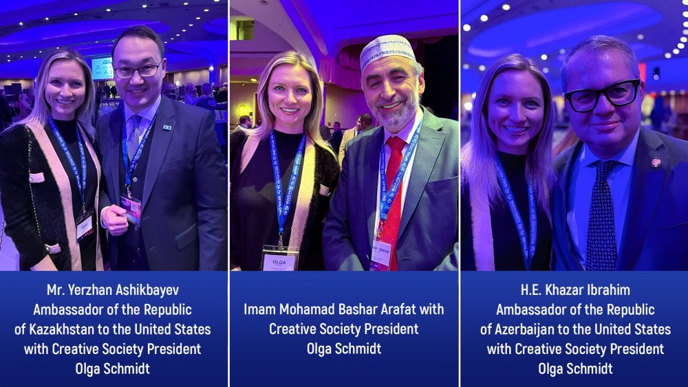 Mr. Yerzhan Ashikbayev, Ambassador of the Republic of Kazakhstan to the United States, Imam Mohamad Bashar Arafat, H.E. Khazar Ibrahim, Ambassador of the Republic of Azerbaijan to the United States with Creative Society President Olga Schmidt at Global Faith Forum, Washington, D.C.