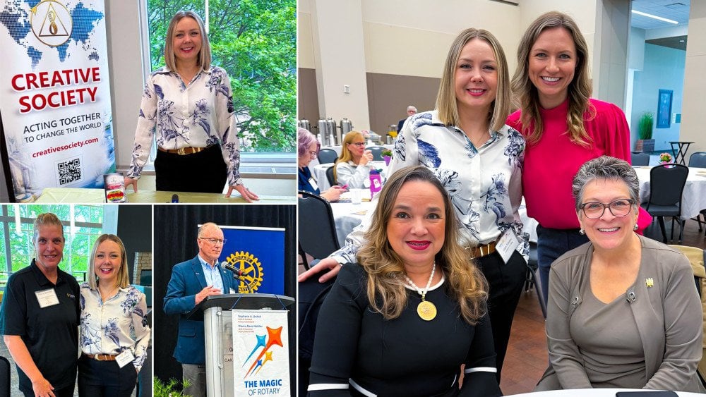 Ms. Olga Kovtun, Ms. Rayna Bennett, Mr. Bruce Dunbar, Mrs. Carmen Martinez de Villalta, Ms. Renee Roberts, Ms. Olga Schmidt, at the 2025 Rotary District 6380 Conference at Oakland University